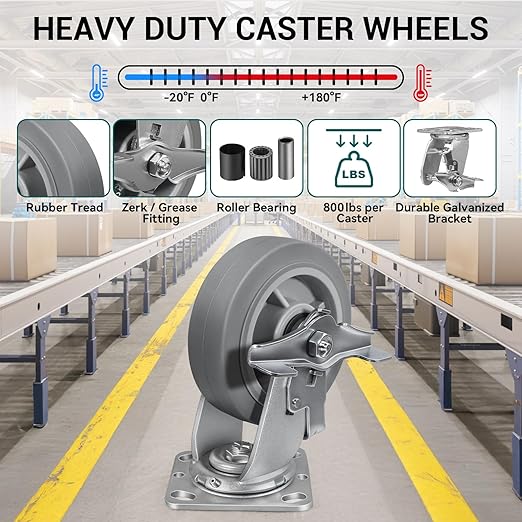 6'' × 2'' Caster Wheel, Heavy Duty Industrial Caster, Rubber Wheels with Roller Bearing, Load 900lbs per Swivel Casters for Cart Dolly Toolbox Trolley (1 Brake)