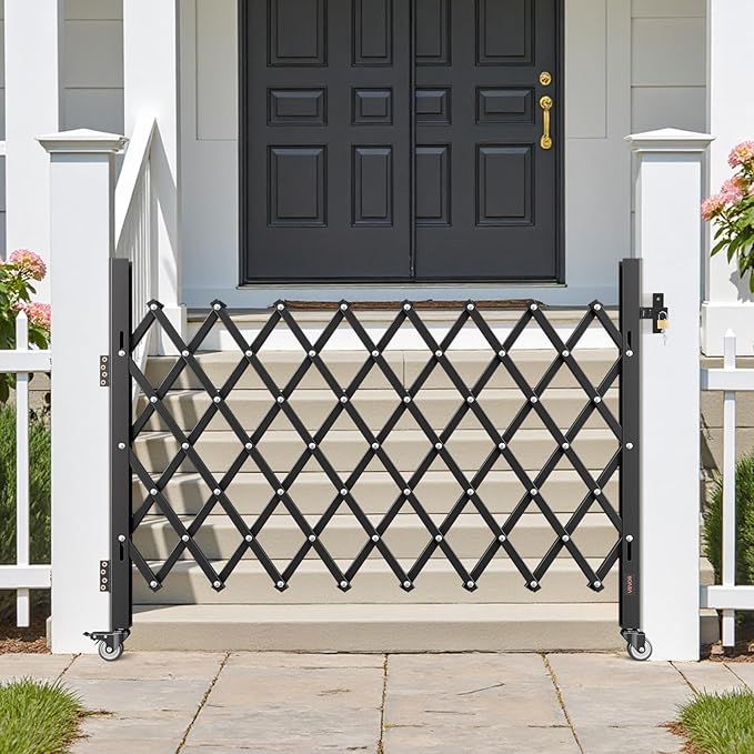 VEVOR Single Folding Security Gate, Lockable Scissor Gate with 360° Swivel Casters, Outdoor Barricade Steel Retractable Gates, for Entry Security, Garage, Warehouse & Pool, 66.93 x 51.57 in (W x H)