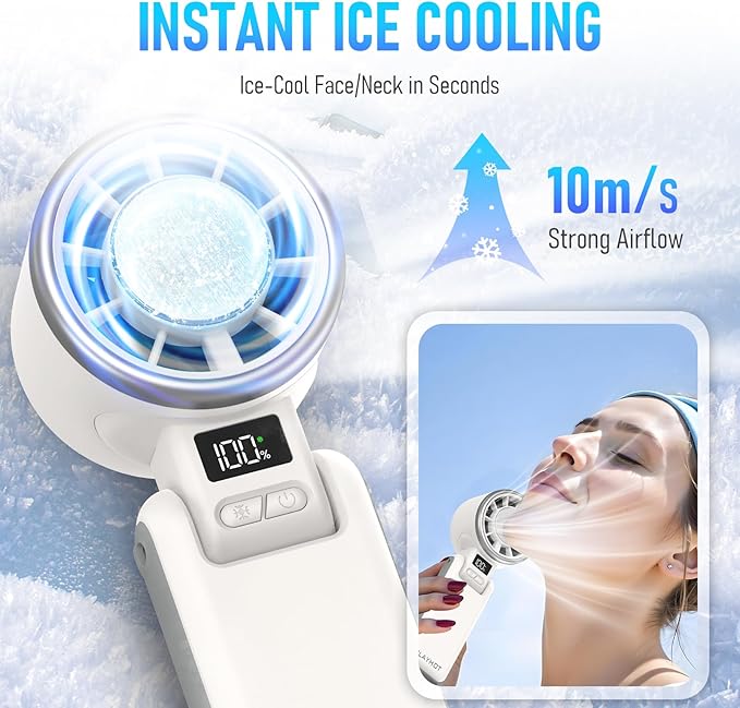 Upgraded Portable Handheld Fan with 60°F Ice Cooling, Up tp 12Hrs Personal Fans Portable Rechargeable, 5 Speed 25550RPM Powerful Portables Fan Handheld, Hand/Neck/Desk Fan 3 IN 1(White)