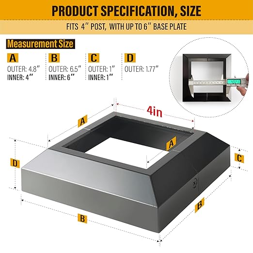 4.0"x4.0"（Actual: 4.0"x4.0"） Deck Post Base Cover Decorative Post Base Trim Skirt Black Aluminum 4Pack