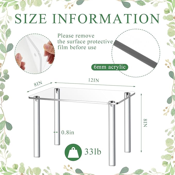 Extra Large 6mm Thick Acrylic Rectangular 4-leg Display Risers, Acrylic Plant Stand, Clear Shelf Riser Display Stands for Decor Collectibles Figures (1 Pcs,12×8×8in)