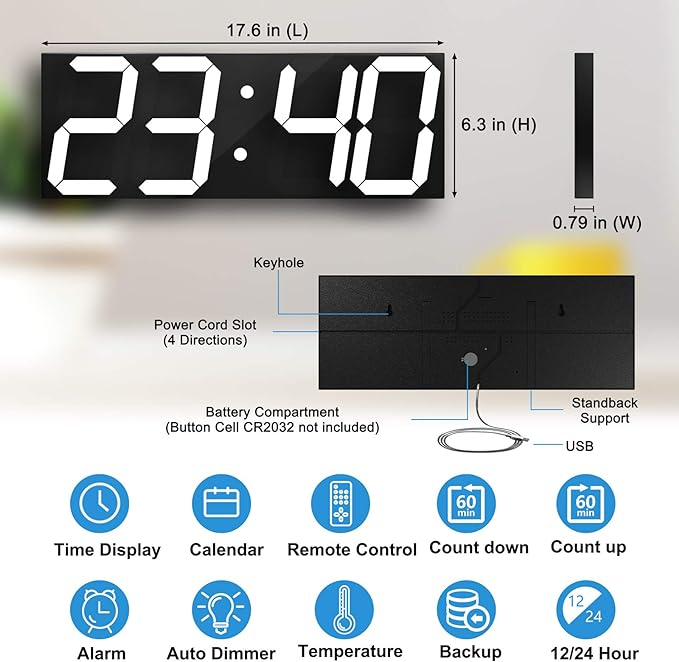 LED Large Digital Wall Clock, Oversize Wall Clock with 6” Numbers, Remote Control Count up/Countdown Timer Clock, Auto Dimmer, Big Calendar and Thermometer(White)