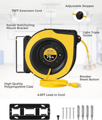 Retractable Cord Reel, 75 FT Heavy Duty Extension Cord, 14AWG/3C SJTOW, 3 Grounded Outlets Lighted Triple Tap, 10A Circuit Breaker, Wall/Ceiling Mounted, UL Listed, Yellow Y75CR06