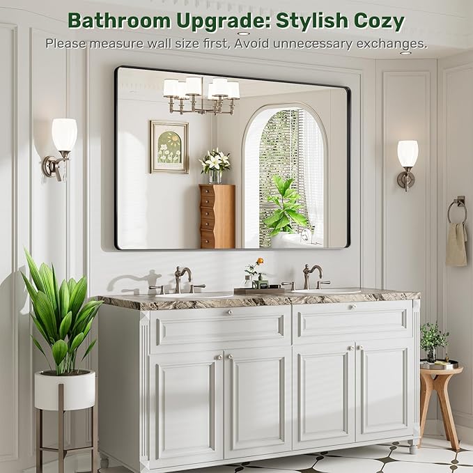 55X36 Black Bathroom Mirror for Over Sink, Metal Framed Vanity Mirror Wall Mounted, Rectangle Mirror for Bedroom Living Room Restroom Entryway, Anti-Rust, HD Tempered Glass