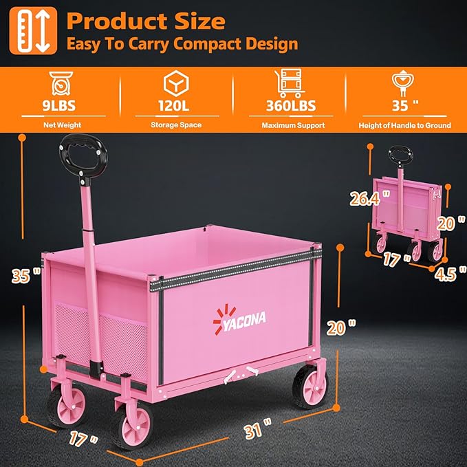 YACONA 3 in 1 Wagons Carts Foldable, 360LBS Lightweight Wagon with All Terrain Wheels, Collapsible Wagon Cart for Grocery, Camping, Beach, Garden & Sports