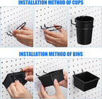 Sieral 64 Pieces Pegboard Bins Pegboard Cups with Hooks and Loops Peg Hooks Assortment Organizer Accessory for Organizing Accessories Tools Storage Office Workshop Garage Workbench (Black)