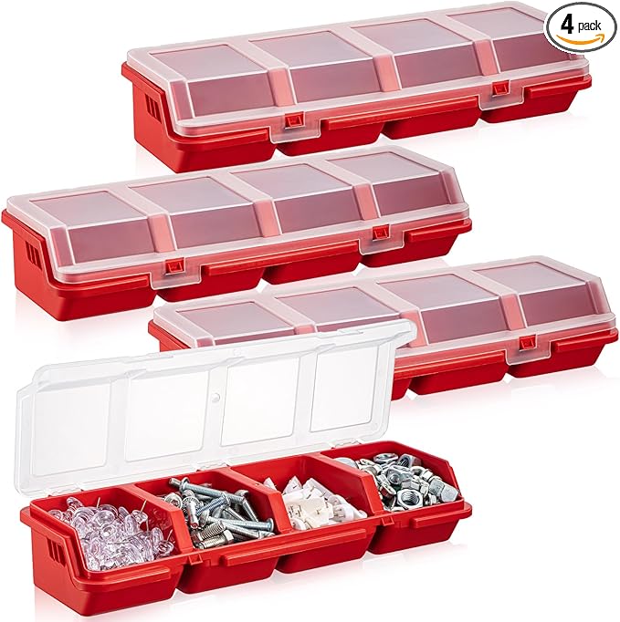 Hushee 4 Pcs Screw Organizer Box with Lid 4 Compartments Tool Bin Divider Plastic Stackable Hardware Organizer Small Part Storage Sorting Screw Box for Garage Workbench Craft Storage (Red)