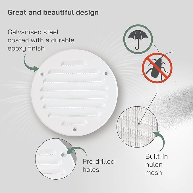Vent Systems - 4 Inch (Inner) White Metal Round Soffit Air Vent Grille Cover, Register air Vent Deflector, Louver - Built-in Mesh - HVAC for Bathroom, Home Office, Kitchen 5 Inch (Outer)