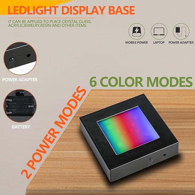 ZEERSHEE 3.1*0.7in LED Light Display Base for Crystal 3D Glass Art 7 Lighting Mode Color Change Square Stand Base Plate Flat