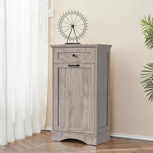 13 Gallons Tilt Out Trash Cabinet Freestanding Kitchen Trash Bin Cabinet Wood Garbage Recycling Cabinet with Hideaway Drawer Pet Proof Trash Can Holder for Kitchen Living Room, Grey