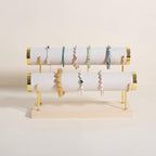 GemeShou Velvet Bangle storage oragenizer for selling,Beige bracelet storage rack for boutique store, Velvet wrap watch holder with wooden base for women girls【Bracelet holder-two tiers】
