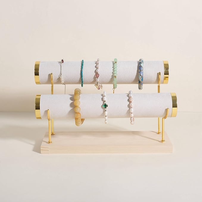GemeShou Velvet Bangle storage oragenizer for selling,Beige bracelet storage rack for boutique store, Velvet wrap watch holder with wooden base for women girls【Bracelet holder-two tiers】