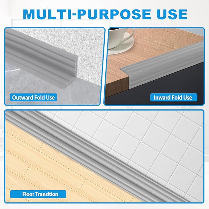 Wall Corner Protector Peel and Stick Corner Trim Molding Flexible Inside & Outside Wall Edge Guard Self Adhesive Moulding Trim for Edge Use, Gray, 1.6” W x 20’ L