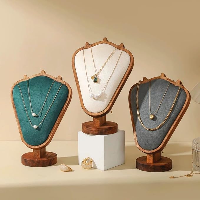 Walnut Color Body Wood Necklace Display Stand with Green Flannelette Soft Mat Necklace Holder Organizer Desktop Stand for Home Store Dresser-3.3"x5.8"x8.4"