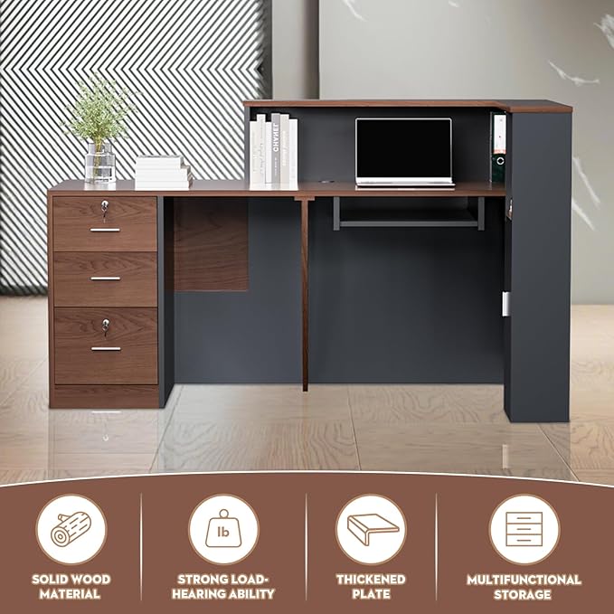 L-Shaped Modern Reception Desk with Counter & Storage - 71" Large Office Front Desk, Salon Checkout Counter with Lockable Cabinets, Shelves(Brown & Black, Left - 71''L x 34''W x 41''H)