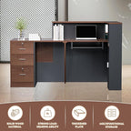 L-Shaped Modern Reception Desk with Counter & Storage - 71" Large Office Front Desk, Salon Checkout Counter with Lockable Cabinets, Shelves(Brown & Black, Left - 71''L x 34''W x 41''H)