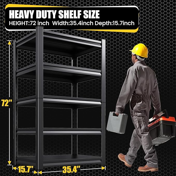 5-Tier Garage Shelving Heavy Duty, 2500LBS Metal Shelving Unit, Adjustable Garage Storage Shelves, Easy Assembly Steel Shelving, Utility Storage Rack Shelf for Warehouse, 72”H*35.4”W*16”D, 2 Pack