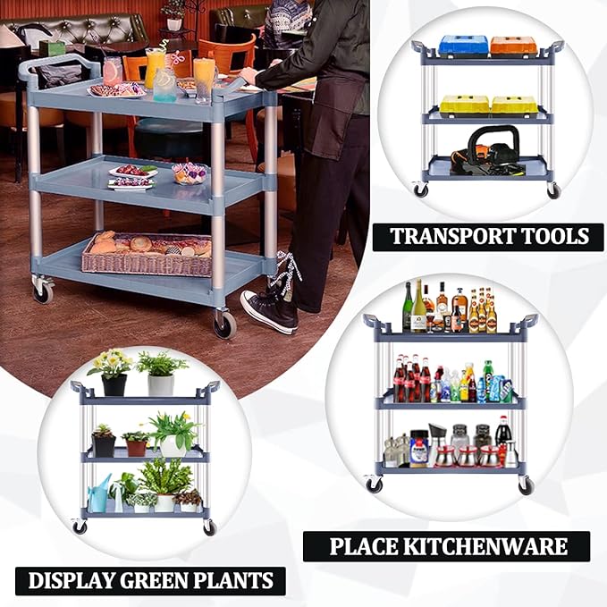 Plastic Utility Carts with Wheels, 3-Tier Large Size Restaurant Food Cart, Heavy Duty 600lbs Capacity Rolling Service Cart w/Hammer for Commercial, Kitchen, Office (Lockable Wheels, L-Grey)