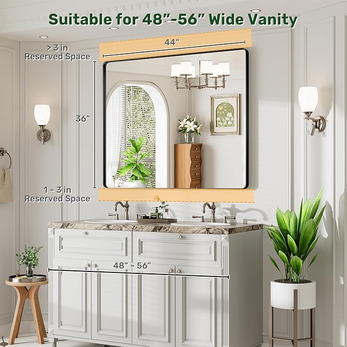 44X36 Black Bathroom Mirror for Over Sink, Metal Framed Vanity Mirror Wall Mounted, Rectangle Mirror for Bedroom Living Room Restroom Entryway, Anti-Rust, HD Tempered Glass