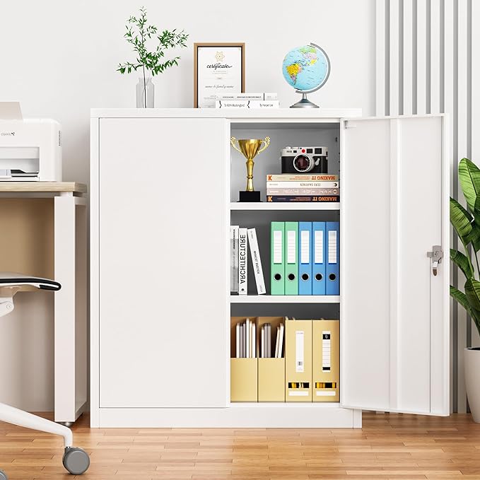 INTERGREAT Metal Garage Storage Cabinet, 36" Lockable Storage Cabinet with 2 Doors and 2 Adjustable Shelves, Steel White File Cabinet Great for Home Office, Garage, Warehouse, Study Room