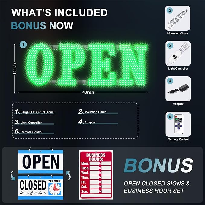 40" x 14" Large LED Open Signs with Remote Control 14 Modes Dimmable Open Sign for Business Window Stores Retail and Restaurant Green