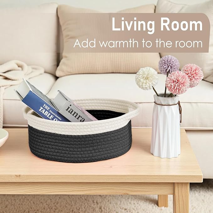 Woven Basket,Small Rope Storage Bin with Handles & Ribbon Bag, Organizer for Shelves Closets,Gift Basket Empty for Birthday,Books,Dog Toys, White&Black