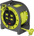 Masterplug 40ft Case Cord Reel, Retractable Extension Lead with Winding Handle, Safety Overload Circuit Breaker and Power Switch, 4X Grounded Outlets, 13amps, 14AWG Cable