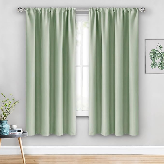 JIUZHEN Blackout Curtains for Bedroom/Living Room - Thermal Insulated Room Darkening Rod Pocket Curtains for Living Room, Set of 2 Panels with Tiebacks, 42 x 63 Inch Length, Light Green