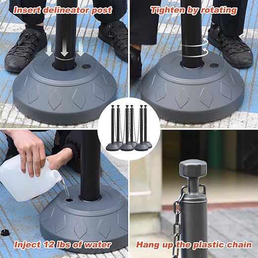 6-Set Pack 40" inch Black Work Zone Chain Post Set, Traffic Queue Delineator Post Cones, 6 x 6.6' Feet Plastic Chains, Portable Crowd Control Stanchions Set (Black-Water Filled Base)