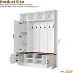 Merax Farmhouse Wood Hall Tree with 6 Hooks and Shoe Bench, Mudroom Versatile Coat Racks with Cabinets and Shelves, Entrance Organizer for Hallway White