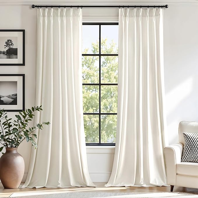 MIULEE Ivory Velvet Curtains 90 inches Long, Pinch Pleated Blackout Drapes with Hooks, Cream Thermal Insulated Pinch Pleat Panels for Bedroom Living Room, 2 Panels
