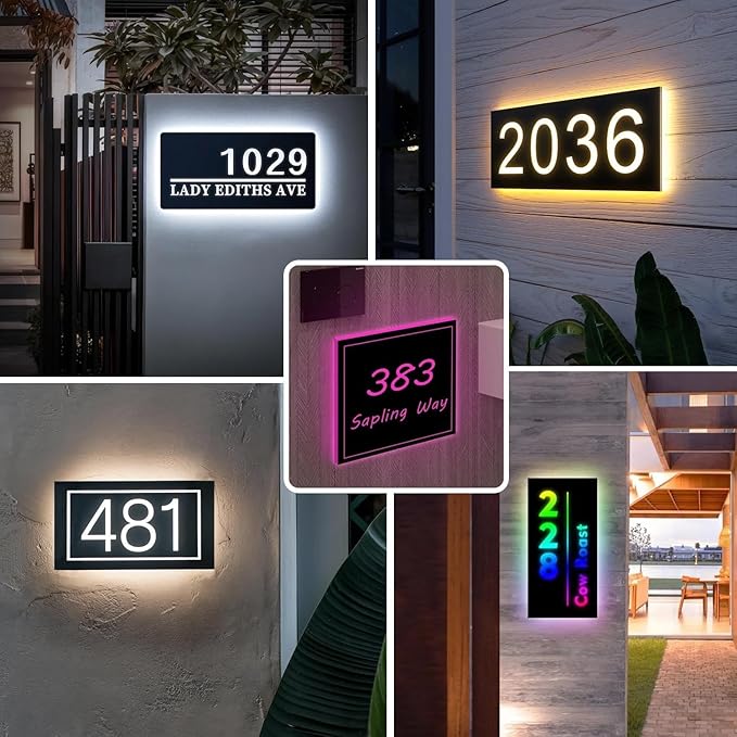 Custom Solar Address Sign for Outside, LED Backlit House Number Sign, Personalized Waterproof Metal Address Plaque, Illuminated Lighted House Numbers for Home