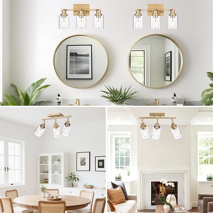 3-Light Gold Tracking Lights, Multi-Directional Rotating Ceiling Tracking Lighting Fixture with Clear Glass, Modern Bathroom Ceiling Vanity Lights Track Lighting Kits for Kitchen Accent Shop