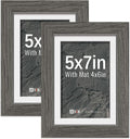 VCK 5x7 Picture Frame 2 Pack - Grey, High-End Wood Poster Frames with Tempered Glass, Display 4x6 Photo with Mat or 5x7 without Mat, Art Gallery-Quality, Wall Hanging/Tabletop, Grey
