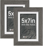 VCK 5x7 Picture Frame 2 Pack - Grey, High-End Wood Poster Frames with Tempered Glass, Display 4x6 Photo with Mat or 5x7 without Mat, Art Gallery-Quality, Wall Hanging/Tabletop, Grey