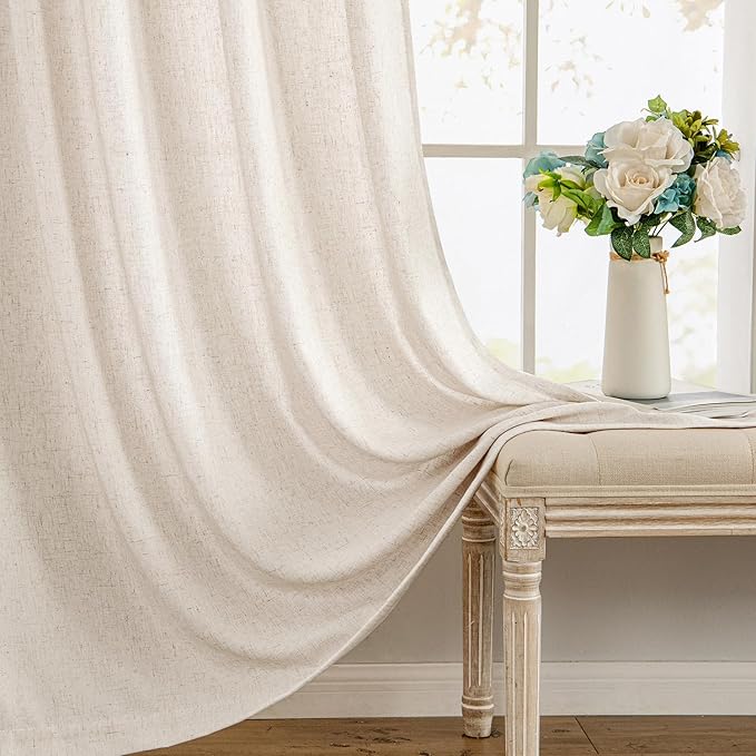 MIULEE Non-See-Through Privacy Linen Curtains 2 Panels, Light Filtering Window Curtains Farn House Textured Back Tab Semi Sheer Drapes for Bedroom Living Room, 52 x 90 Inches Long, Cream