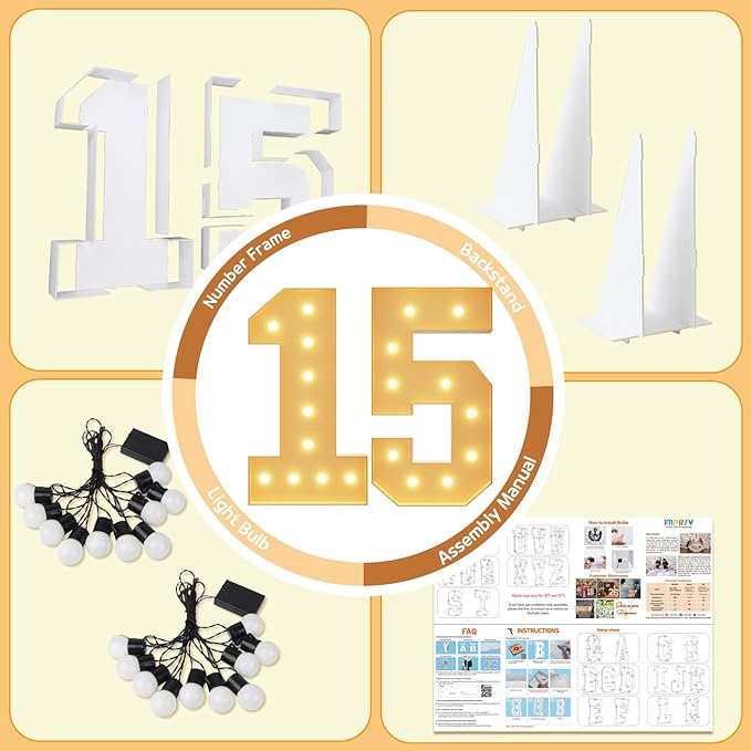 imprsv 4FT Light Up Numbers, Marquee Numbers 15th Birthday Decorations for Girls Boys, Large Light Up 15th Birthday Women Foam Board Anniversary Party Decorations Arch Kit (DIY)