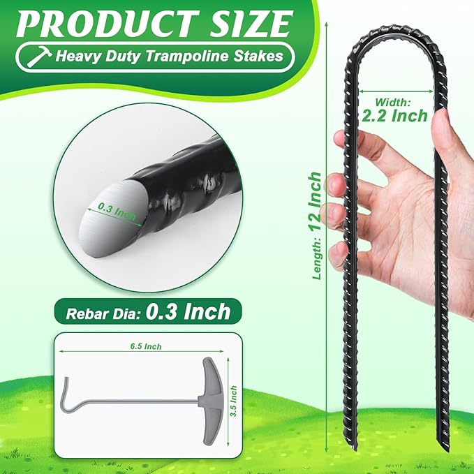 Gtongoko 12 Pack Trampoline Stakes Anchors High Wind, 12 Inch Ground Anchors Heavy Duty, Trampoline Tie Down Anchor Kit, Ground Stakes Galvanized Steel, U Shaped, Black