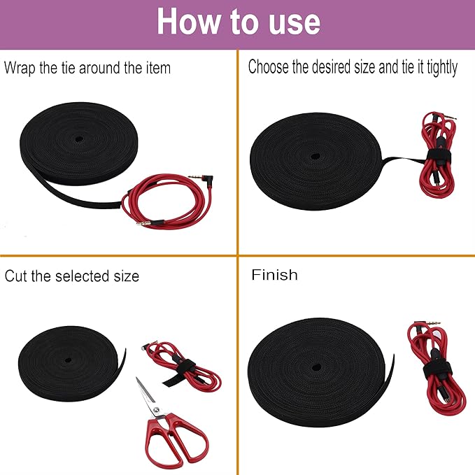Cable Ties Reusable Straps Cable Wire Management Roll Black Fastening Double Sided Hook and Loop Tape (3/8in 25yd)