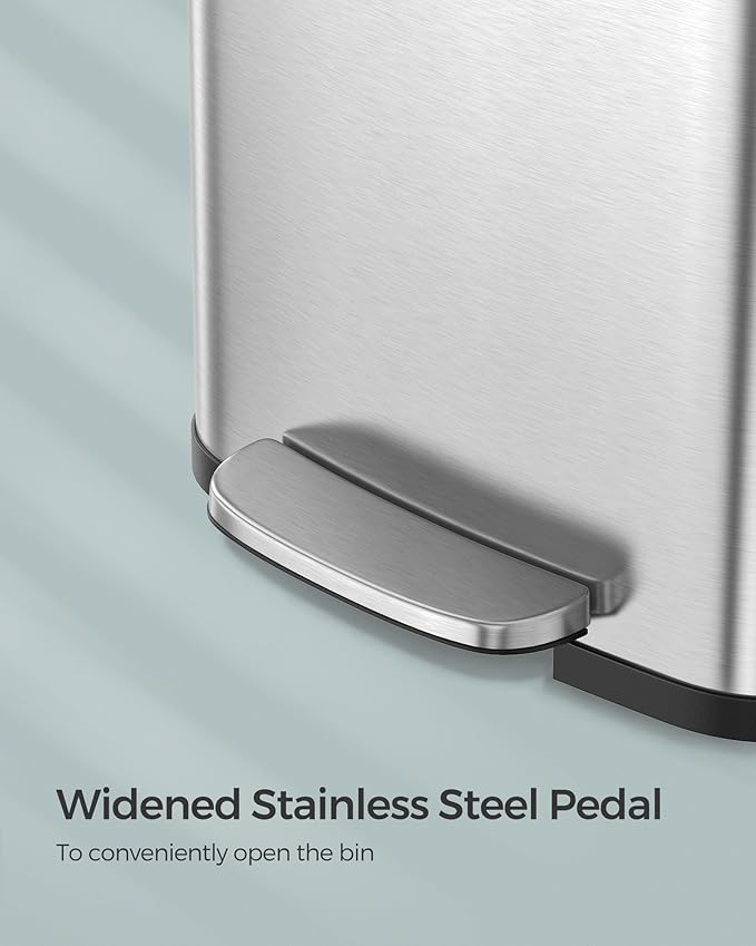 SONGMICS Kitchen Trash Can, 13 Gallon (50 L) Stainless Steel Garbage Can, with Stay-Open Lid and Step-on Pedal, Soft Closure, Tall, Large and Space-Saving, Silver and Black ULTB530E50