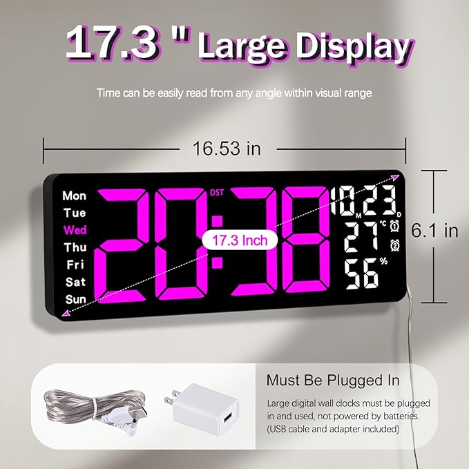 JoFomp 17.3" Large Digital Wall Clock, LED Digital Clock Large Display with Remote Control, Alarm Clock with Temp/DST/Dimmer/Humidity/Timer/Ambient Light - 12/24H, Alarm Wall Clock for Bedroom