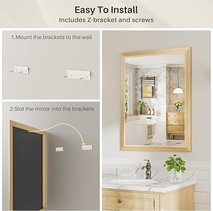 36x30 Inch Bathroom Mirror for Wall, Anti-Rust Oak Wood Grain Metal Framed Bathroom Mirrors for Over Sink,Rectangler Mirrors for Bathroom Vanity, Farmhouse, Bedroom, Living Room, Entryway Decor