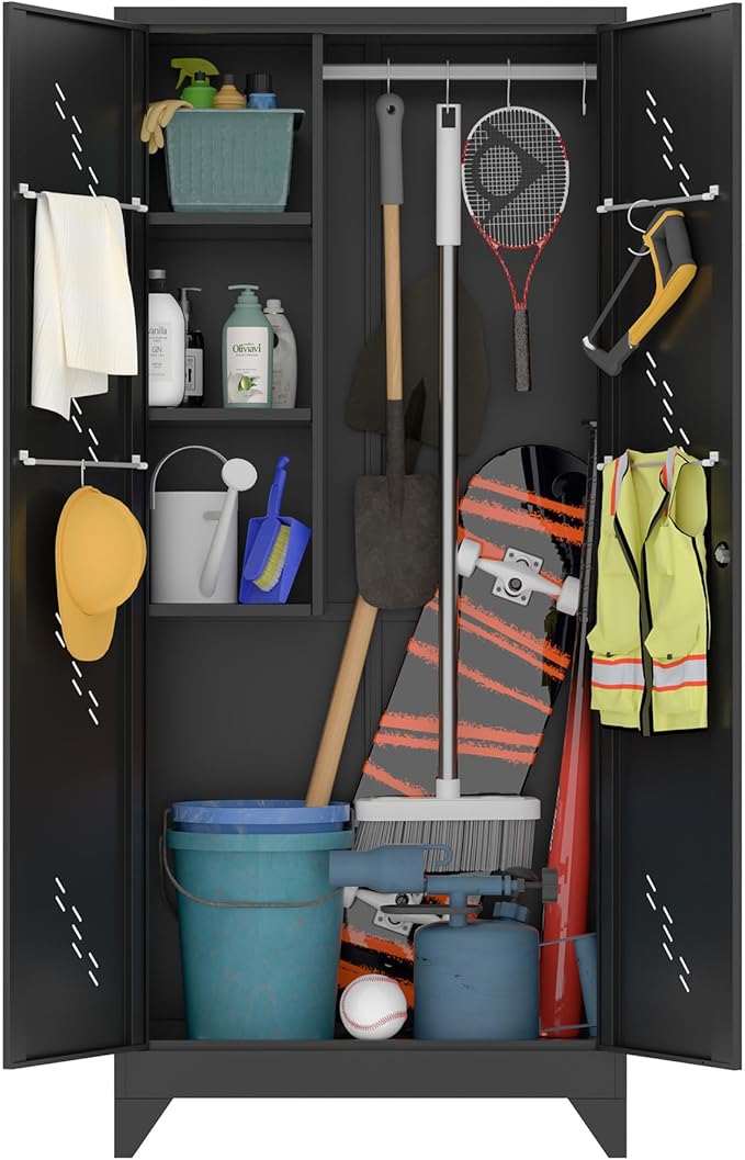 Metal Storage Cabinet with Locking Doors, 75" Tall Garage Cabinet with Hanging Rod, Broom Closet/Freestanding Bathroom Storage Cabinet, Cleaning Tool Storage