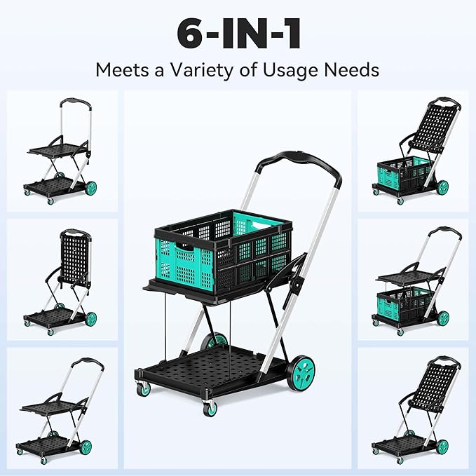 Collapsible Shopping Cart with Wheels, 6-in-1 200LBS Capacity Grocery Cart on Wheels with 1 Storage Crate, Folding Utility Cart for Shopping, Travel, Supermarket, Office, Teal