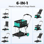 Collapsible Shopping Cart with Wheels, 6-in-1 200LBS Capacity Grocery Cart on Wheels with 1 Storage Crate, Folding Utility Cart for Shopping, Travel, Supermarket, Office, Teal