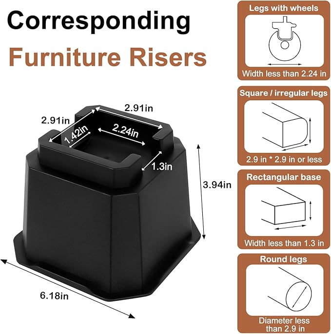 shouwuhho Bed Risers 4 inch, Furniture Risers Elevation in Heights 4 Inch Heavy Duty, Bed Lift Risers for Caster Wheels or Posts of Bed Table Couch, Support up to 6000 lbs, 4 Pack, Black