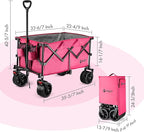 VILLEY Collapsible Folding Wagon with Big Wheels, Enlarged 225lbs Capacity, All Terrain Wagons Carts Heavy Duty Foldable, Portable Utility Garden Cart with 2 Cup Holders and Brake, Pink
