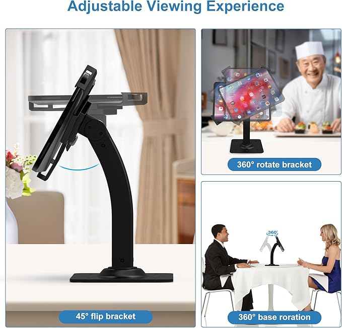 Aluminum Tablet Kiosk Stand, Anti-Theft iPad POS Locking Holder Mount for 7.9"-11" Tablets, 360° Swivel Bracket & Base, Security Countertop Desk Stand for iPad, iPad Pro/Air, Samsung Tablets