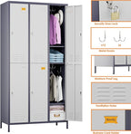 Aobabo Upgraded Metal Storage Locker for Employees, 6 Doors Metal Locker Cabinet with Lock and Name Card Slot, Industrial Storage with 18 Hooks, for Office Gym, Assembly Required,Grey White