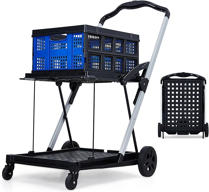 2-Tier Collapsible Shopping Cart, Foldable Grocery Cart with 198 lb Capacity, Wheels & Removable Crate, Portable Utility Trolley for Home, Groceries, Supermarket, Mall, Market, Blue